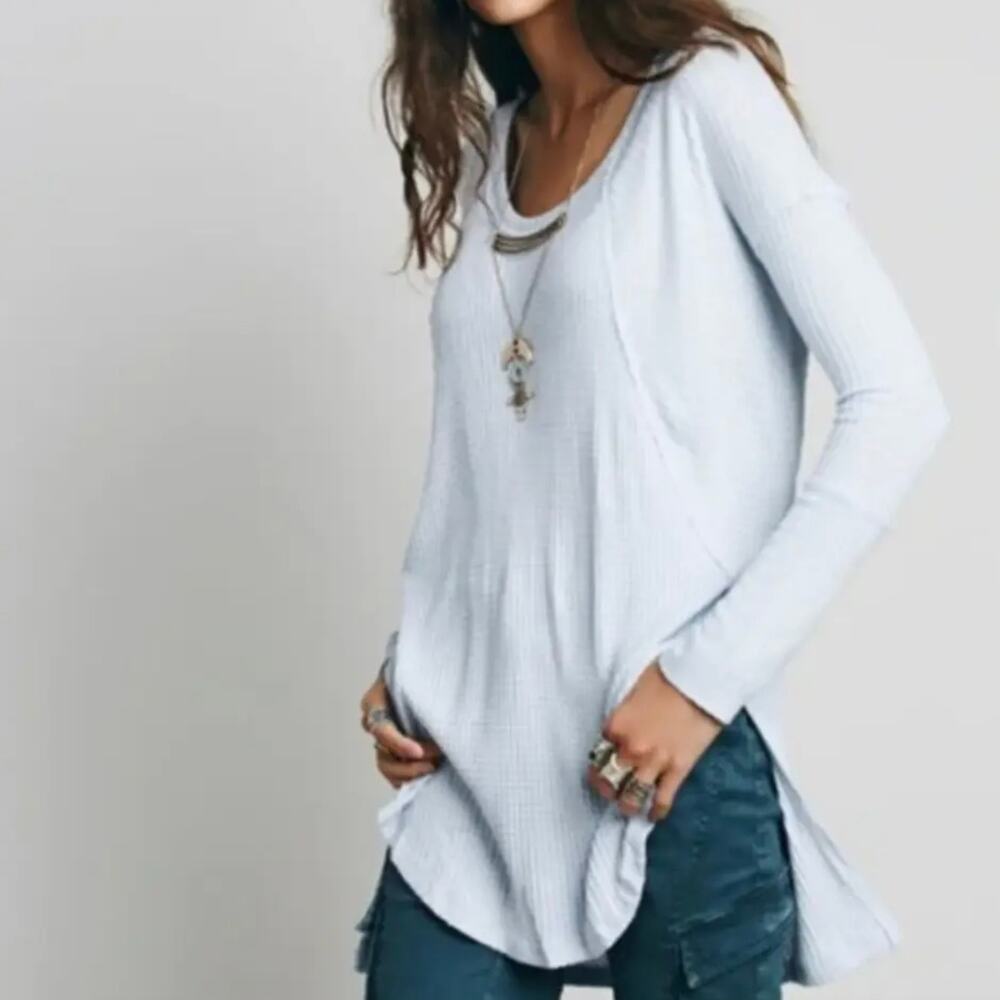Free People Sky Blue Waffle Knit Thermal Boho Tunic XS Cottagecore Boho Coastal